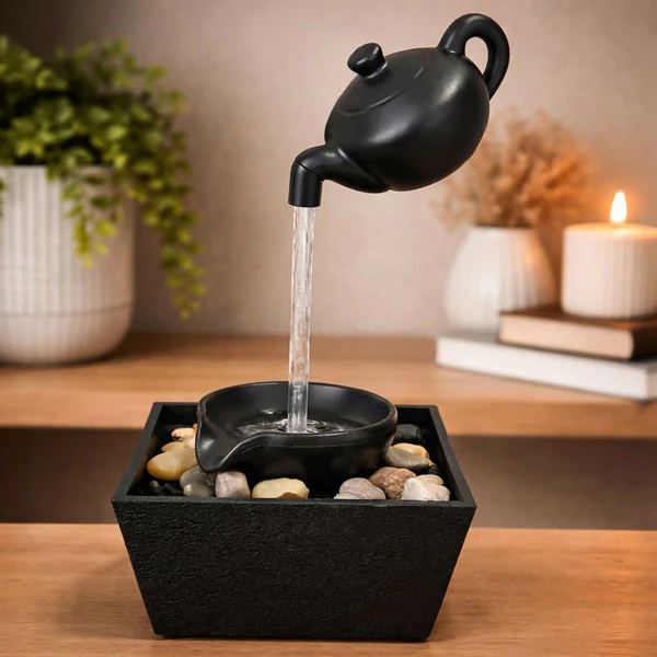 ZTH118 Zen Tabletop Water Fountain with Floating Teapot & Pebble Base