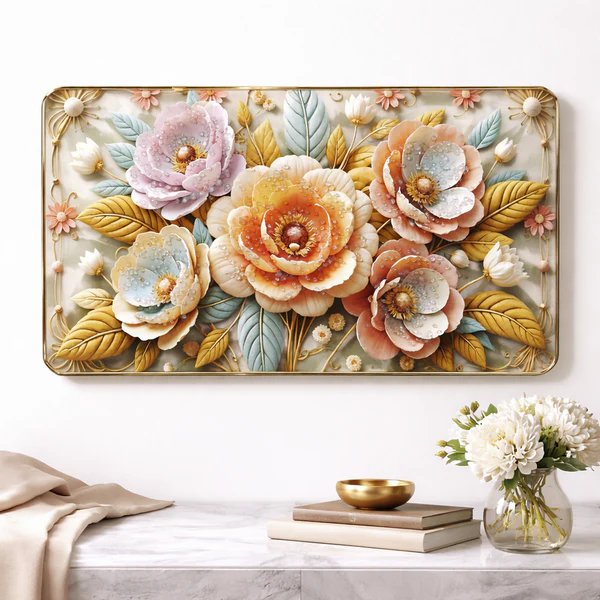ZTH150 Premium 3D Floral Wall Art Panel – Luxury Golden Frame Home Decor