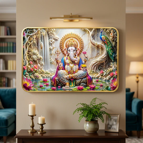 ZTH153 Premium Lord Ganesha Wall Art Frame | Luxury Golden Frame Home Decor