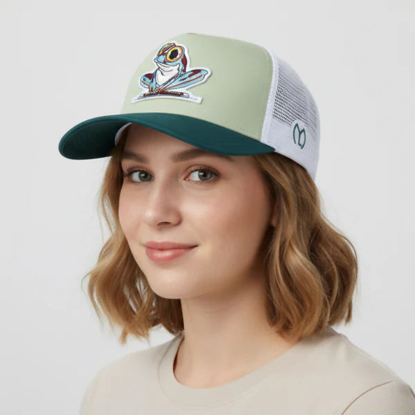 ZTHS19 Stylish Green Mesh Back Adjustable Cap with Embroidered Frog Patch Breathable Fashion Cap for Men & Women