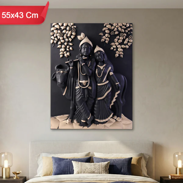 ZTH158 Premium Radha Krishna 3D Wall Art Frame Divine Black & Gold Finish Spiritual Home Decor
