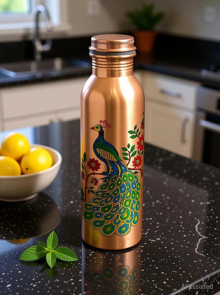 ZTHS26 Pure Copper Water Bottle Leak Proof Peacock Design For Dining (1000ml)