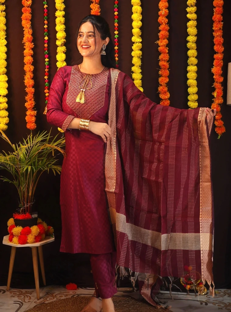 ZTF1 Tibra Attire Women Cotton Blend Kurti Pant Dupatta Set || Maroon Color