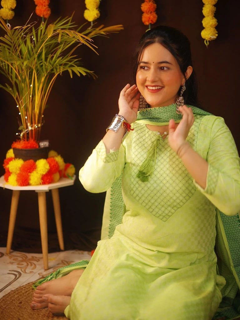 ZTF2 Tibra Attire Women Cotton Blend Kurti Pant Dupatta Set || Green Color (3XL)