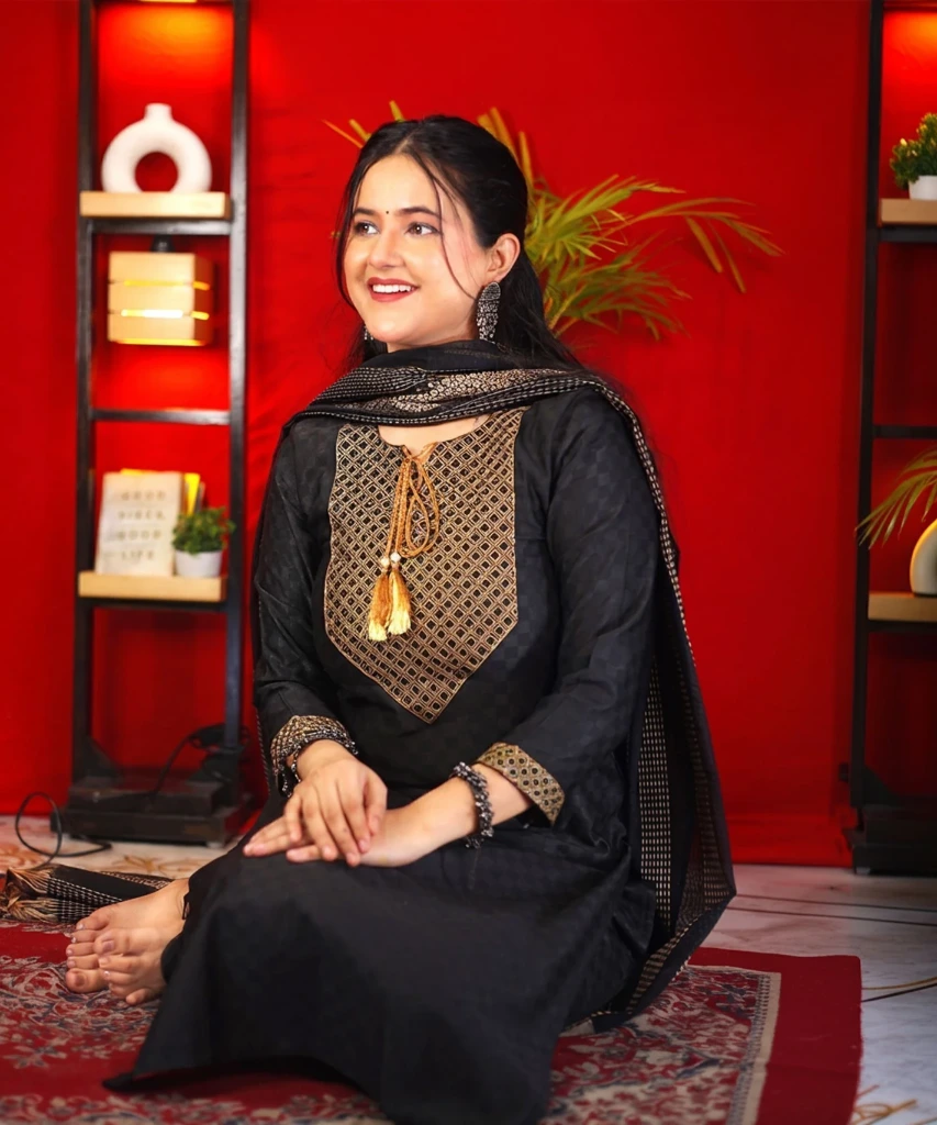 ZTF4 Tibra Attire Women Cotton Blend Kurti Pant Dupatta Set || Black Color (3XL)