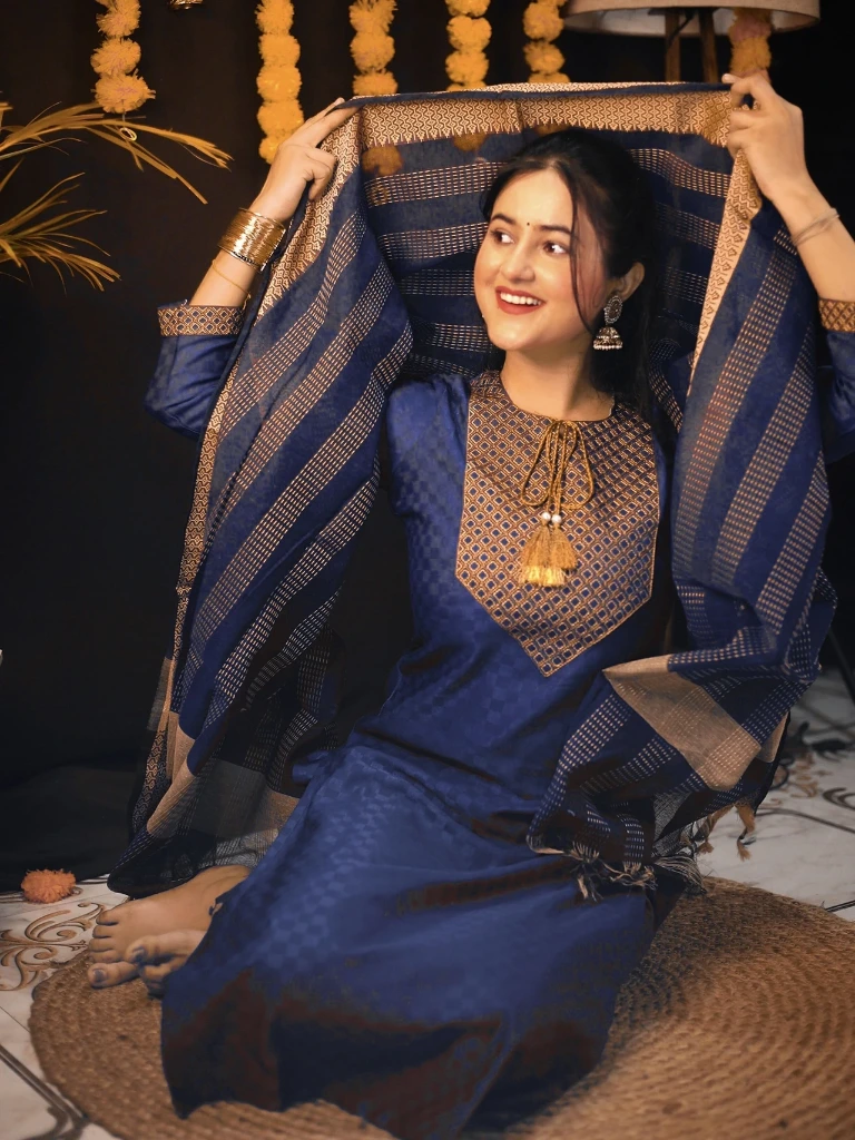 ZTF5 Tibra Attire Women Cotton Blend Kurti Pant Dupatta Set || Navy Blue Color (3XL)