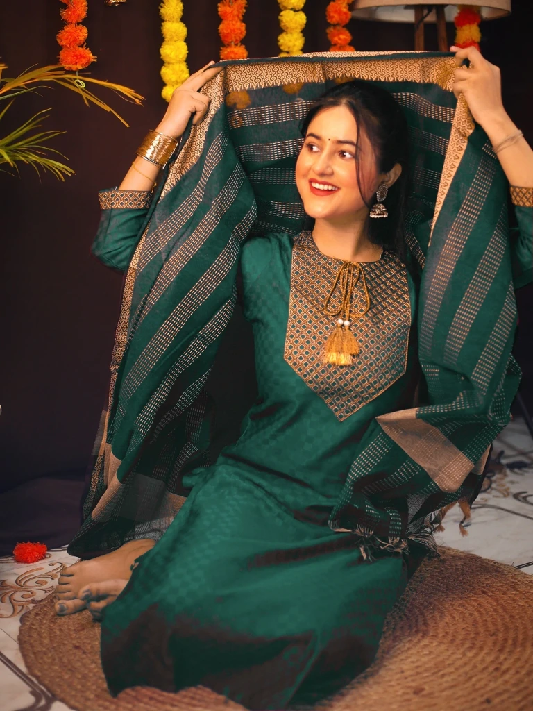ZTF6 Tibra Attire Women Cotton Blend Kurti Pant Dupatta Set || Ocean Green Color (3XL)