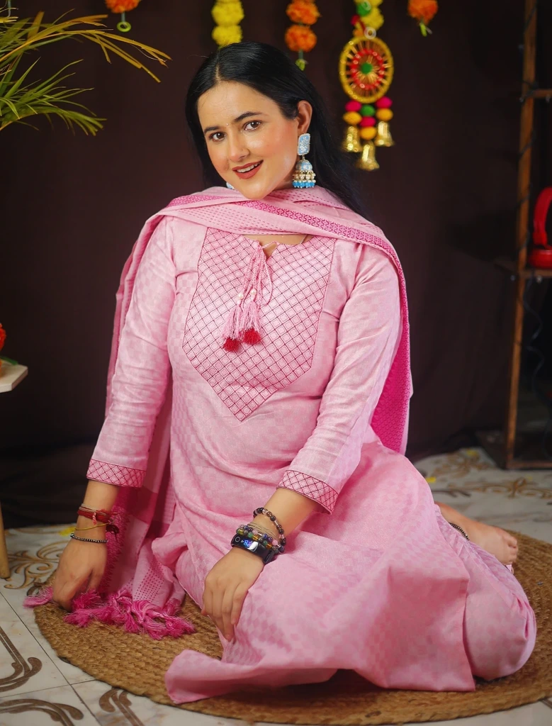 ZTF8 Tibra Attire Women Cotton Blend Kurti Pant Dupatta Set || Baby Pink Color