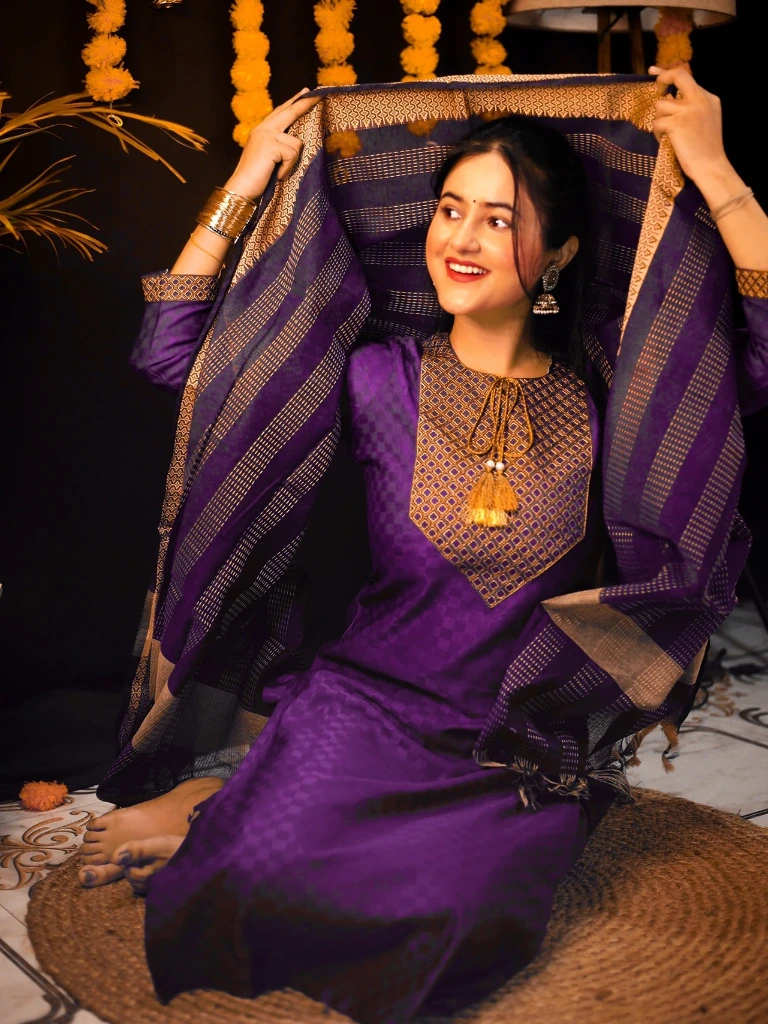 ZTF9 Tibra Attire Women Cotton Blend Kurti Pant Dupatta Set || Wine Color