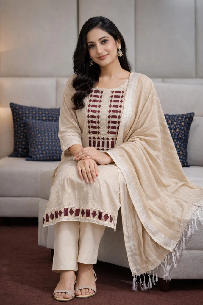 ZTF10 Women’s Ethnic Kurta Pant Dupatta Set – Elegant Beige Traditional Wear