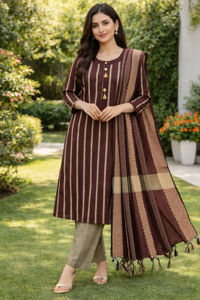 ZTF11 Women’s Ethnic Kurta Pant Dupatta Set – Maroon Striped Traditional Wear