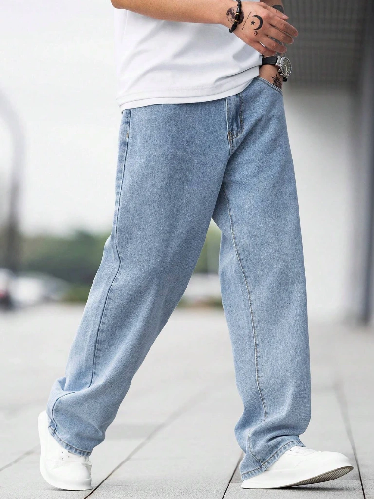 ZTF14 Men’s Light Blue Loose Fit Denim Jeans – Trendy Casual Streetwear