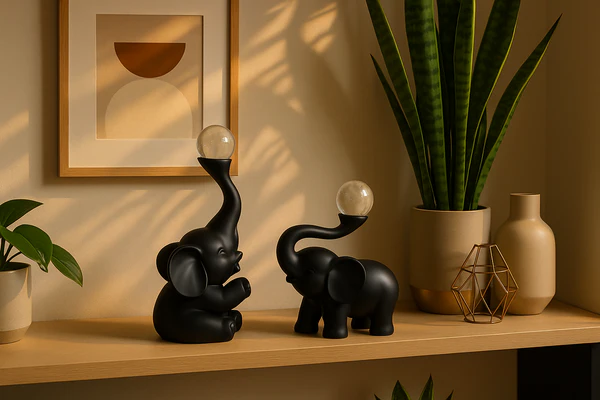 ZTH12 Home Decor Elegant Black Resin Elephant Showpiece Set with Crystal Balls (Set of 2)