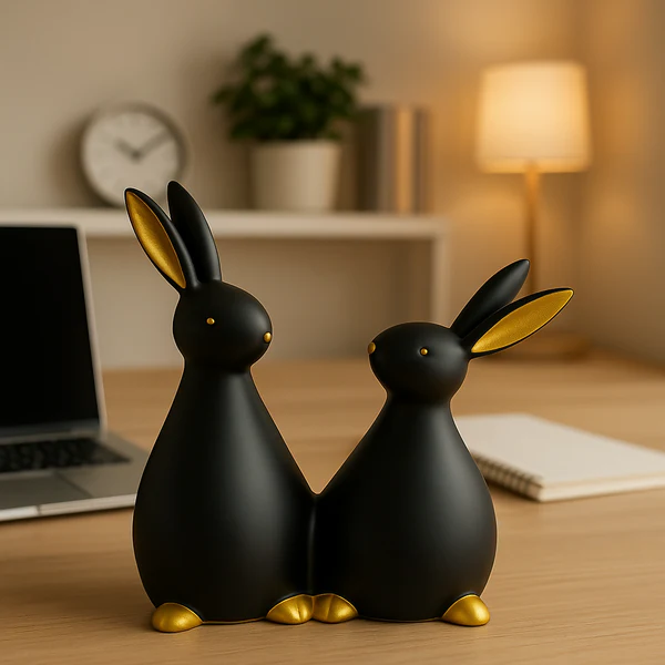 ZTH14 Home Decor Black & Gold Resin Bunny Couple Showpiece – Cute Minimalist Animal Sculpture 