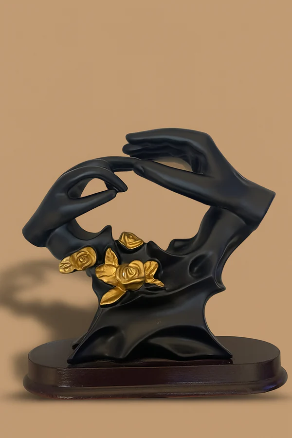 ZTH15 Home Decor Romantic Black & Gold Hand Gesture Sculpture with Rose Design 