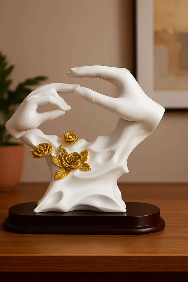 ZTH16 Home Decor Elegant Abstract Hand white Sculpture with Golden Roses
