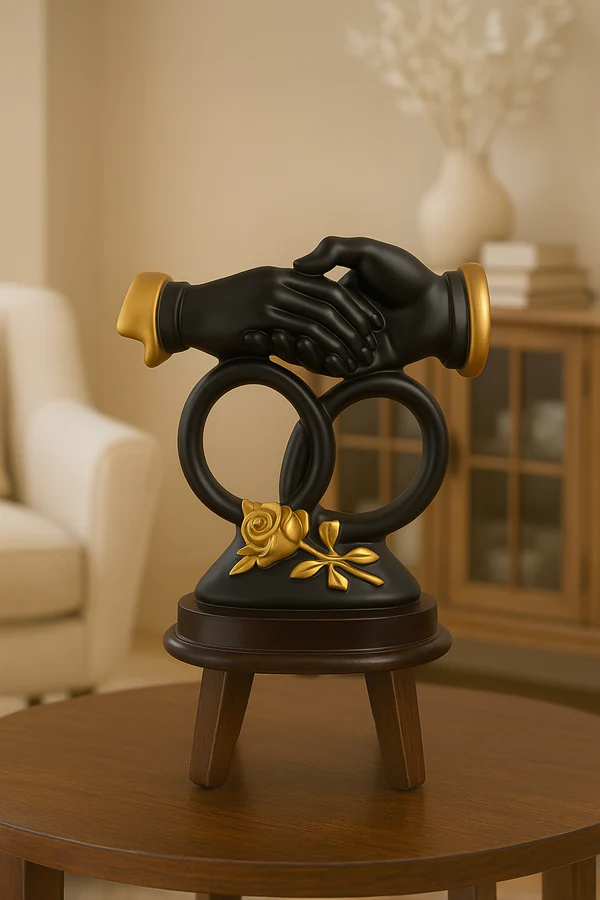 ZTH17 Home Decor Elegant Black & Gold Handshake Couple Showpiece with Dual Rings and Rose Design