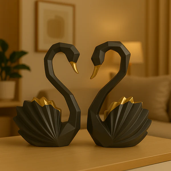 ZTH18 Home Decor Black & Gold Swan Couple Sculpture Set