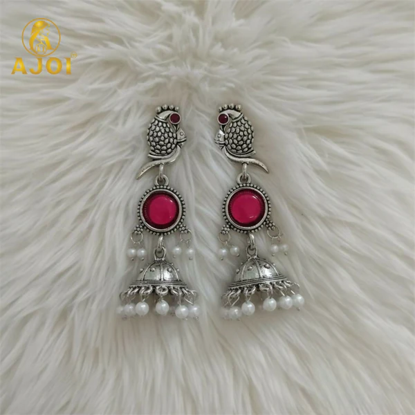 ZTJ7 Antique Silver Peacock Jhumka Earrings with Pink Stone & Pearl Drops