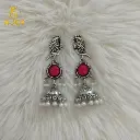 ZTJ7 Antique Silver Peacock Jhumka Earrings with Pink Stone & Pearl Drops
