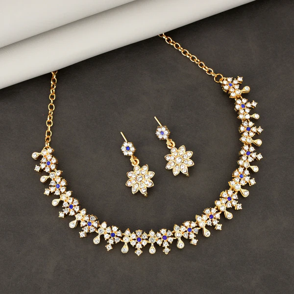 ZTJ19 Diamond-Look Floral Choker Necklace Set with Blue Accents