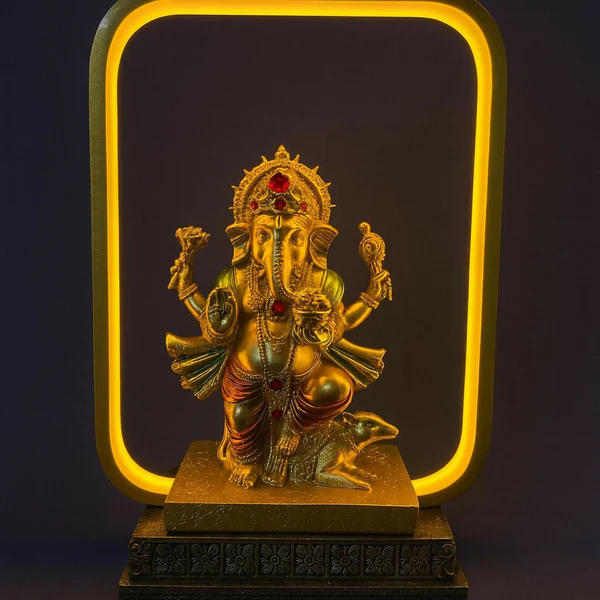 ZTH64 Premium Golden Ganesh Idol LED Night Lamp with Rectangular Frame