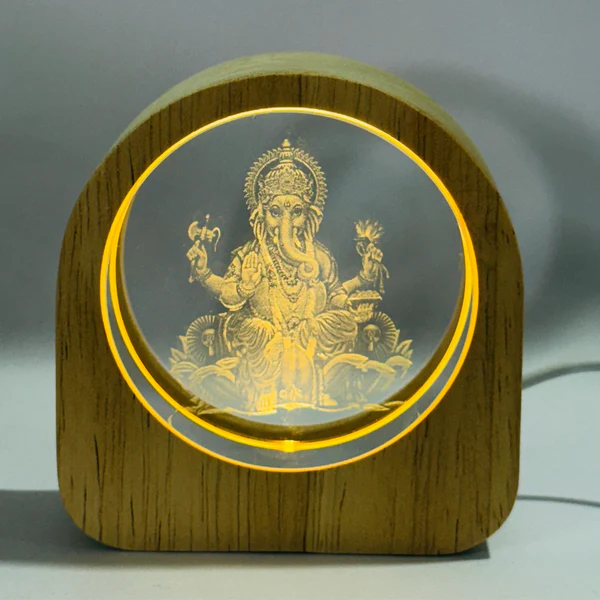 ZTH65 Ganesh LED Crystal Night Lamp with Wooden Base for Home Décor
