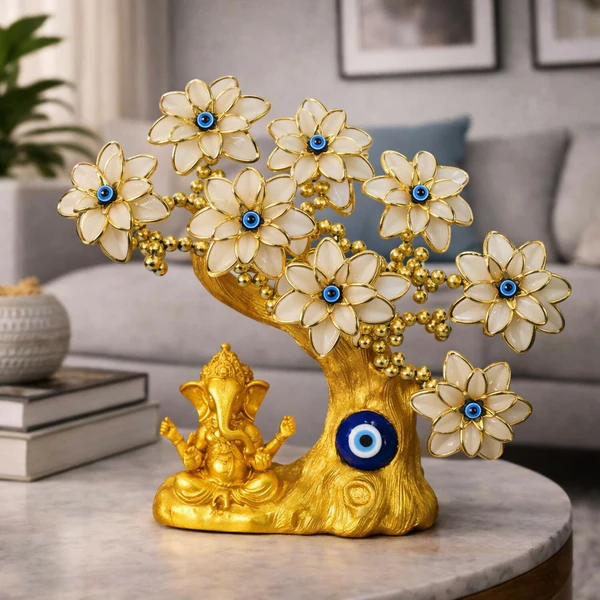 ZTH66 Golden Ganesha White Tree Showpiece with Evil Eye for Home Decor & Gift