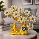 ZTH66 Golden Ganesha White Tree Showpiece with Evil Eye for Home Decor & Gift