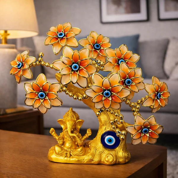 ZTH67 Golden Ganesha Tree Showpiece with Evil Eye for Home Décor & Gift