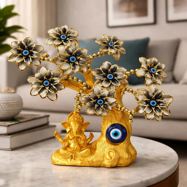 ZTH68 Golden Ganesh Tree with Evil Eye | Decorative Showpiece for Home & Office