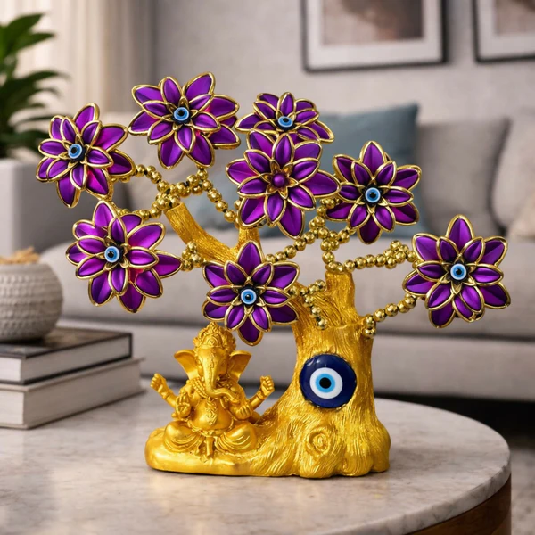 ZTH70 Golden Ganesh Tree with Purple Flowers & Evil Eye | Decorative Showpiece