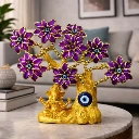 ZTH70 Golden Ganesh Tree with Purple Flowers & Evil Eye | Decorative Showpiece