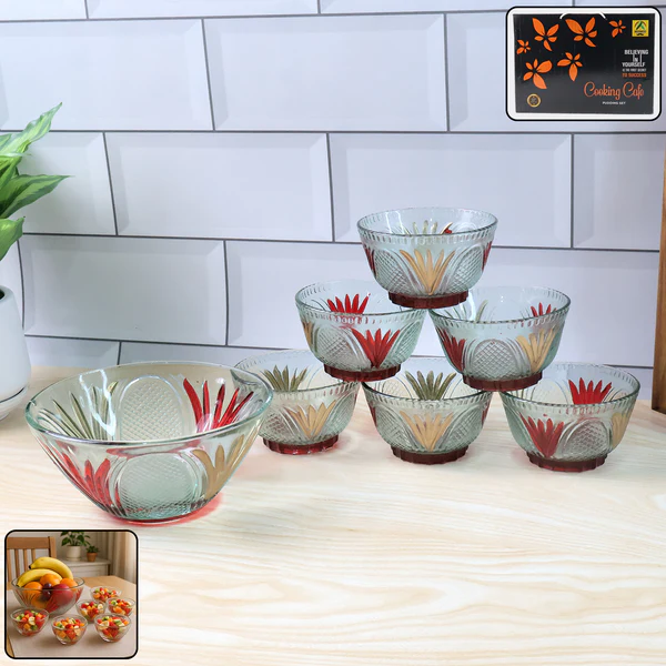 ZTK30 Rose glass Multipurpose Pudding / Dessert / Ice Cream Bowl Set for Home (Set Of 7pc) 