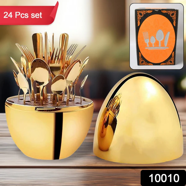 ZTK36 Premium Cutlery Set 24 Pcs with Oval Shaped Stand (Golden / 24pcs set)