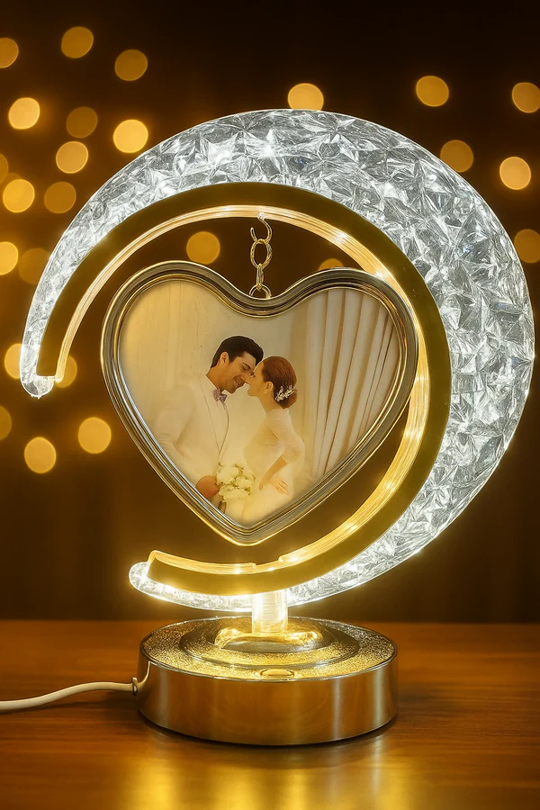 ZTSG2 Crescent Moon LED Table Crystal Lamp with Hanging Heart-Shaped Rotating Photo Frame