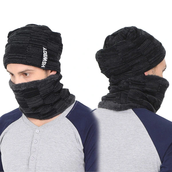ZTW1 Ultra Black Soft Unisex Woolen Beanie Cap Plus Muffler Scarf