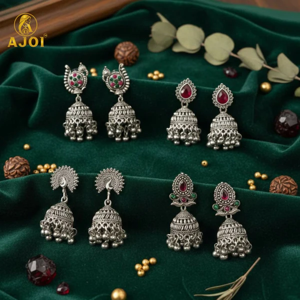 ZTJ22 Oxidised Silver Traditional Jhumka Earrings Combo Set (4 Pairs) for Women & Girls 