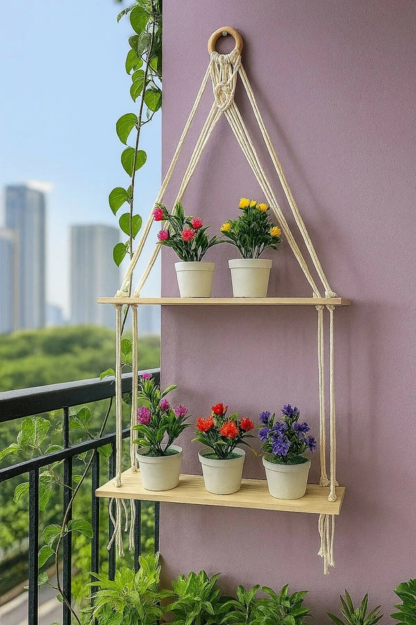 ZTH78 Macrame 2‑Tier Hanging Shelf with 5 Artificial Bonsai Plants Boho Home Decor 