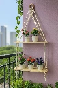 ZTH78 Macrame 2‑Tier Hanging Shelf with 5 Artificial Bonsai Plants Boho Home Decor 
