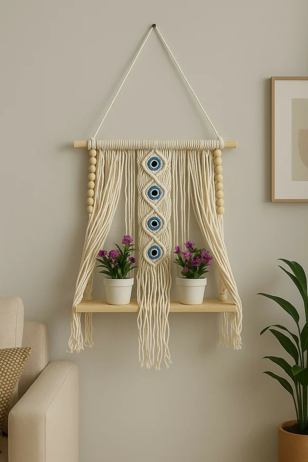 ZTH79 Macrame Wall Hanging Shelf with Evil Eye & 2 Bonsai Plants Bohemian Home Decor