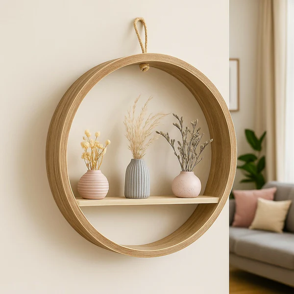 ZTH81 Round Wooden Wall Shelf with 3 Mini Ceramic Flower Vases Decor