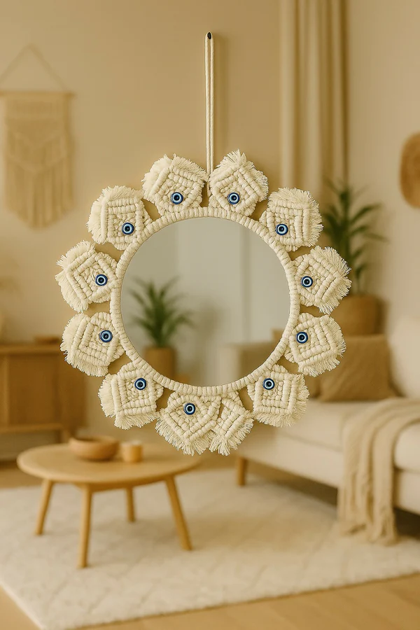 ZTH84 Home Decor Boho Macrame Wall Hanging Mirror with Evil Eye Accents