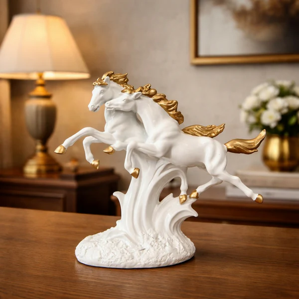 ZTH86 Running Horse Pair Showpiece for Home Decor | White & Gold Finish
