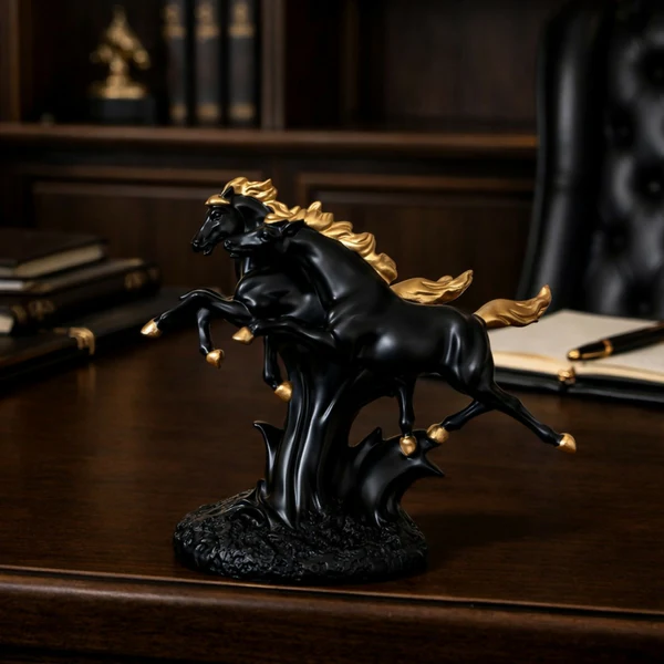 ZTH87 Double Black Horse Showpiece with Golden Mane for Home Decor | Lucky Horse Statue
