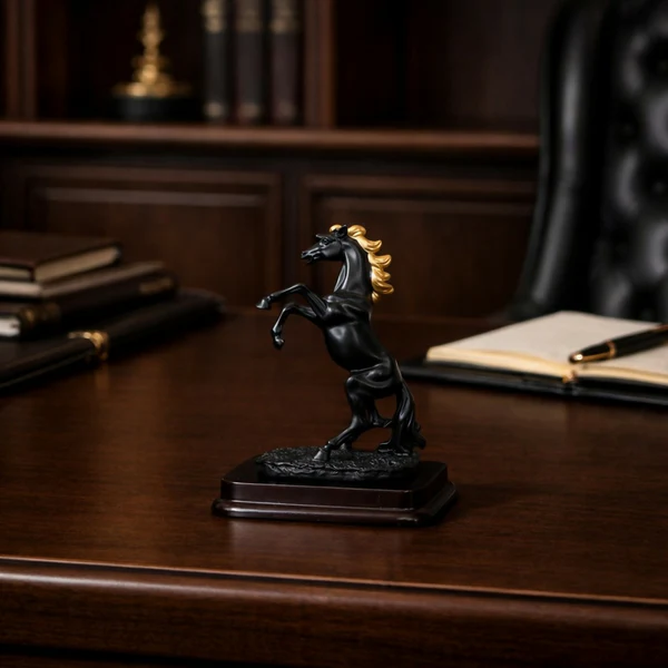 ZTH88 Black Horse poly-resin Showpiece with Golden Mane for Home Decor | Lucky Horse Statue