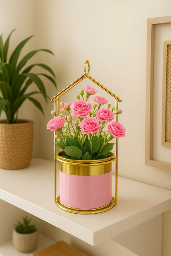 ZTH96 Golden Metal Frame House-Shaped Stand with Artificial Pink Roses for Home, Office