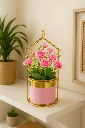 ZTH96 Golden Metal Frame House-Shaped Stand with Artificial Pink Roses for Home, Office