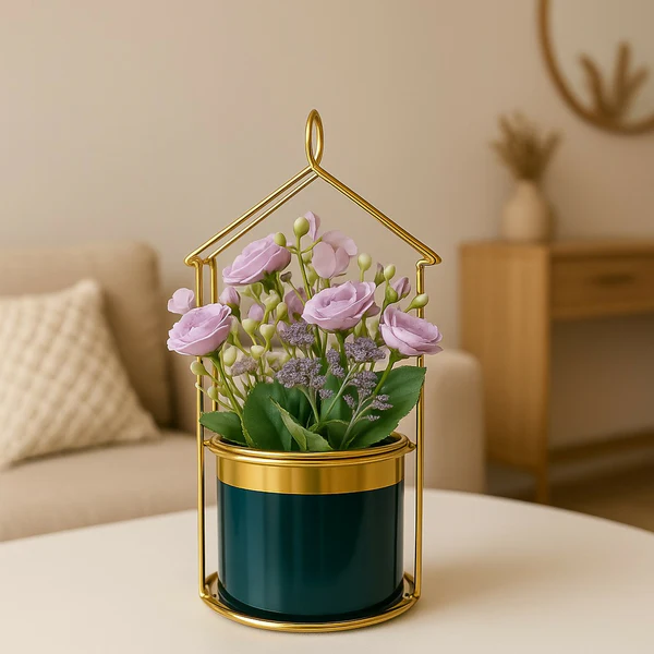 ZTH97 Golden Metal House-Shaped Stand with Artificial Yellow Roses for Home, Office