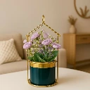 ZTH97 Golden Metal House-Shaped Stand with Artificial Yellow Roses for Home, Office